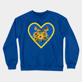 Golden Sunflowers and Butterflies in Sapphire Blue and Yellow Heart Crewneck Sweatshirt